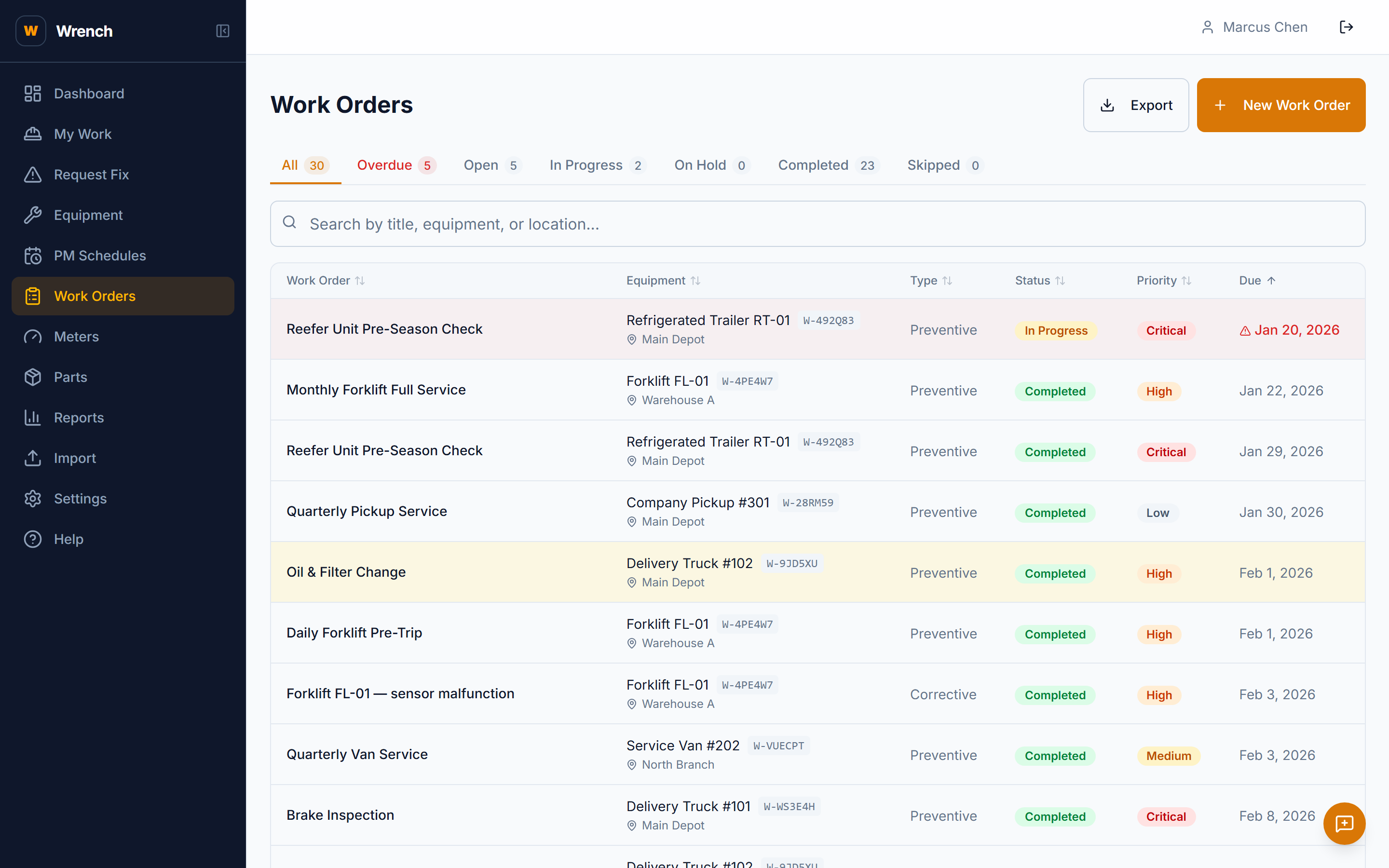 Fleet work order list