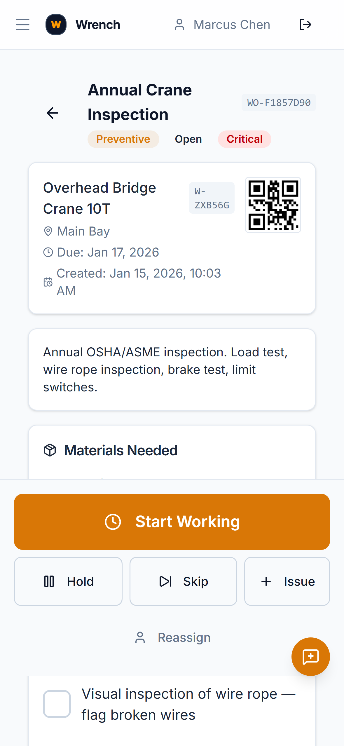 Work order detail view on mobile showing offline capability